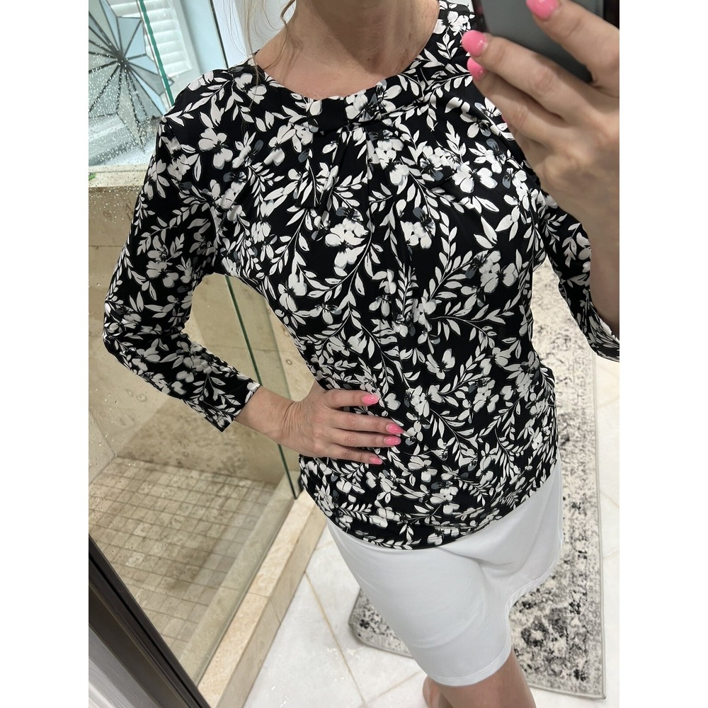 Karl Lagerfeld Women Black White Jersey Floral Hi Neck Bow Long Sleeve Top S